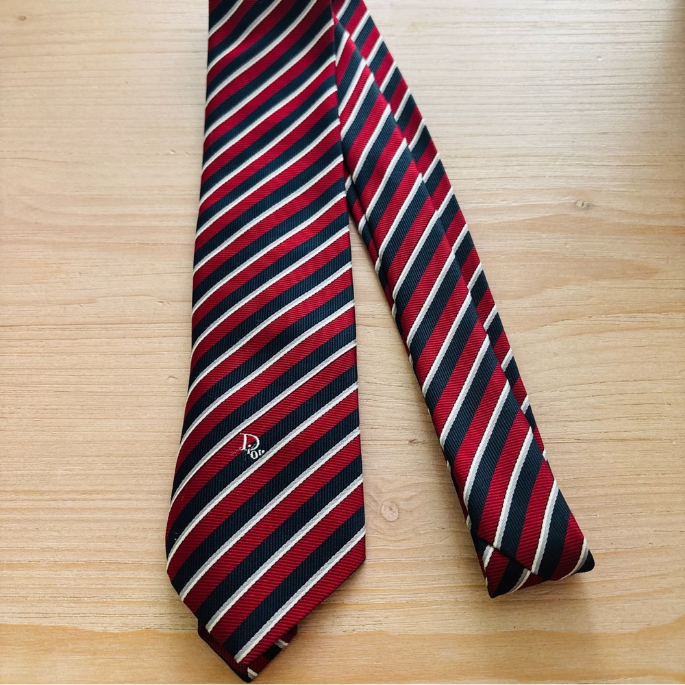 Christian Dior Vintage Red Navy Blue Striped Mens Designer Luxury Patriotic Tie‎ - Picture 3 of 7